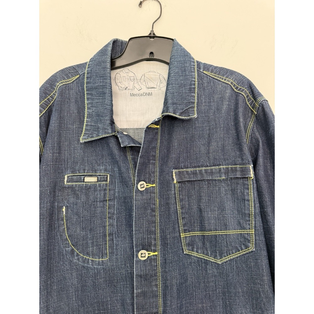 Mecca Mens Denim Jacket Sz L Button Up Y2K 90's Hip Hop Rap Trashed VTG - Picture 2 of 7